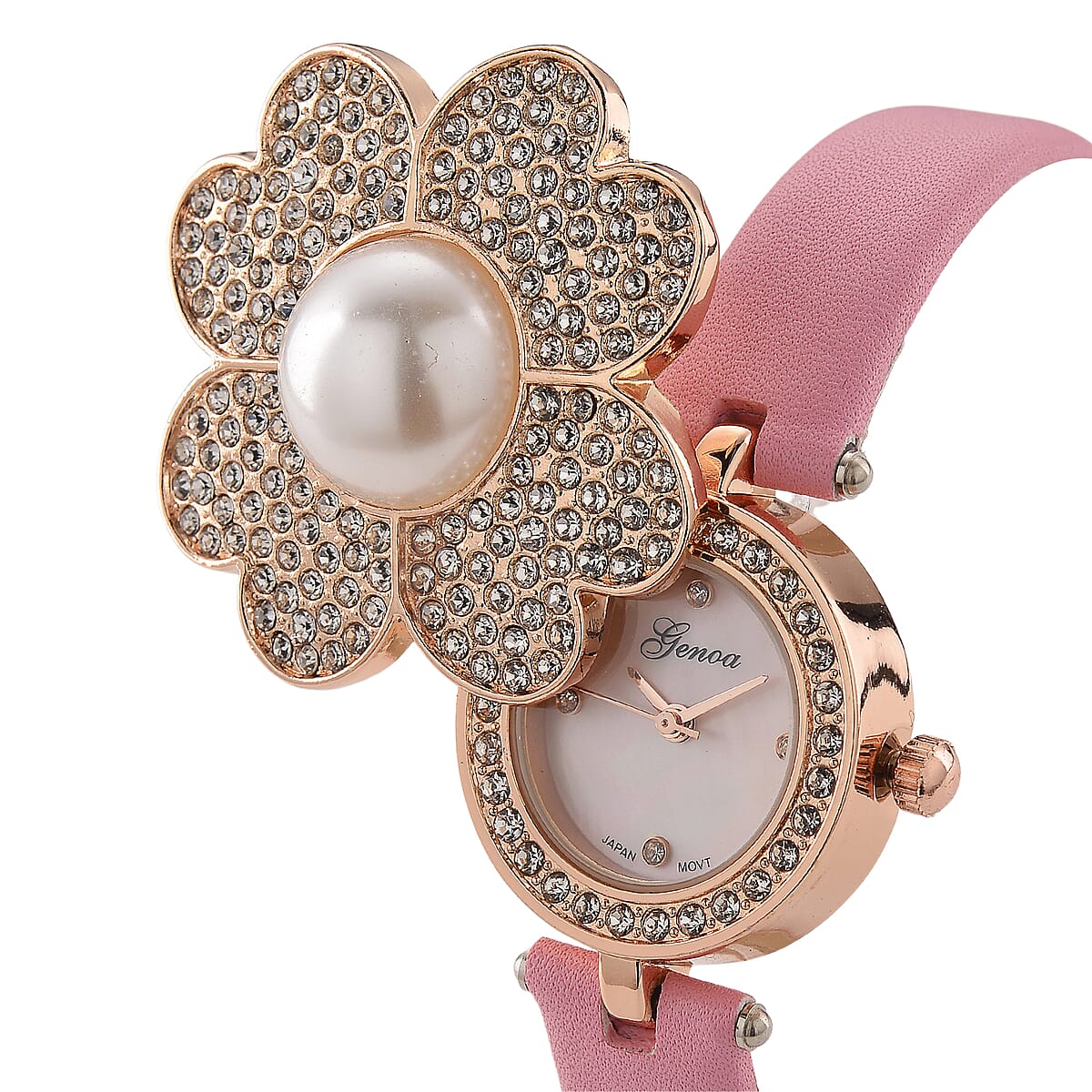 Genoa Austrian Crystal, Simulated Pearl Miyota Japanese Movement Watch in Pink Leather Strap image number 2