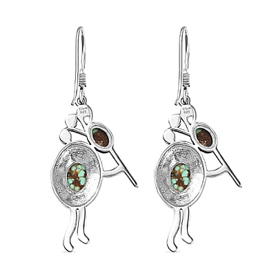 D'Joy Artisan Crafted Blue Moon Turquoise 2.90 ctw Kokopelli Earrings in Black Oxidized Sterling Silver
