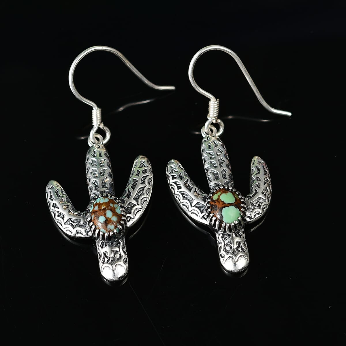 D'Joy Artisan Crafted Blue Moon Turquoise 2.40 ctw Cactus Earrings in Black Oxidized Sterling Silver image number 1
