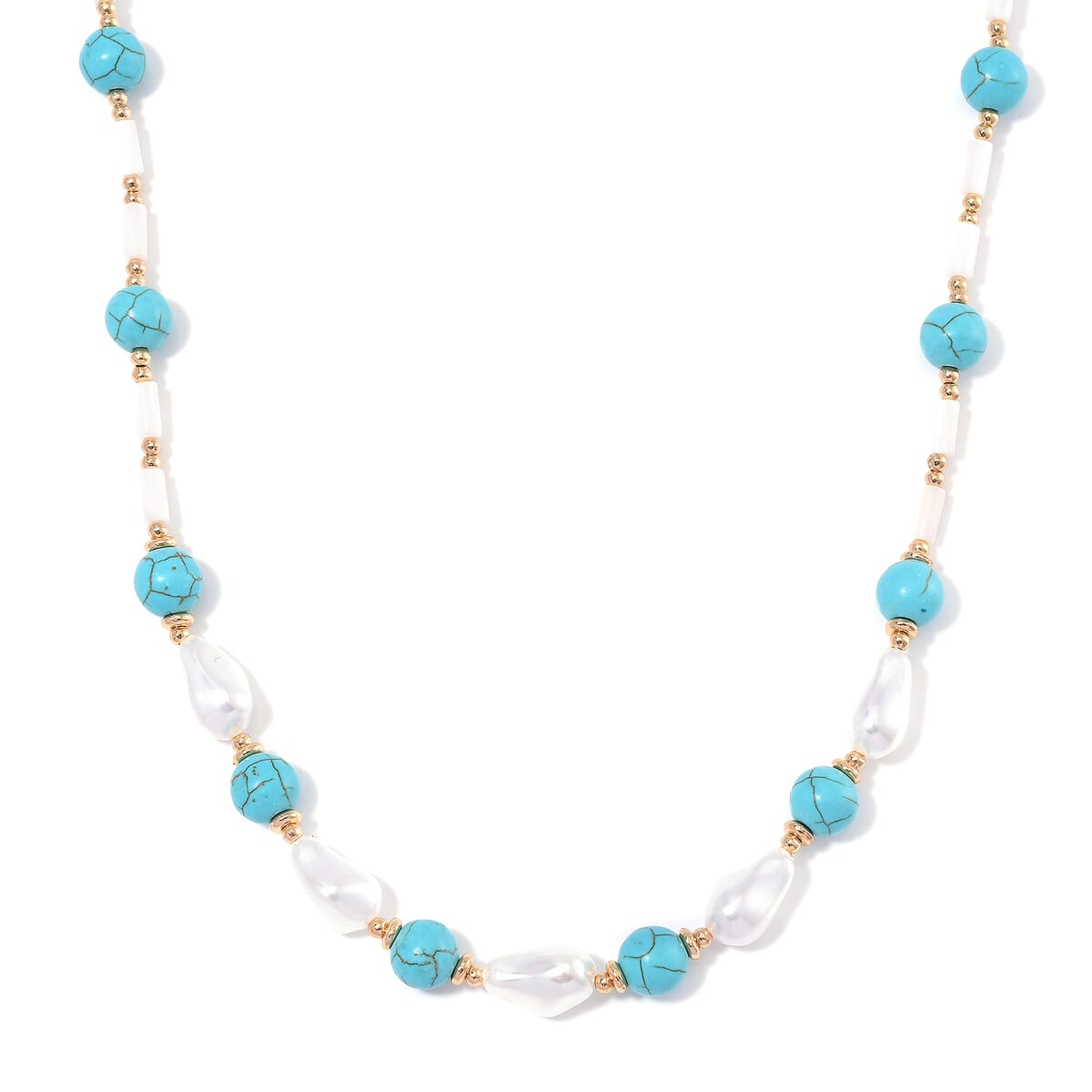 White Shell Pearl, Blue Howlite Beaded Necklace (18-20In) in Goldtone 65.00 ctw image number 0