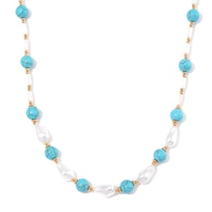 White Shell Pearl, Blue Howlite Beaded Necklace (18-20In) in Goldtone 65.00 ctw