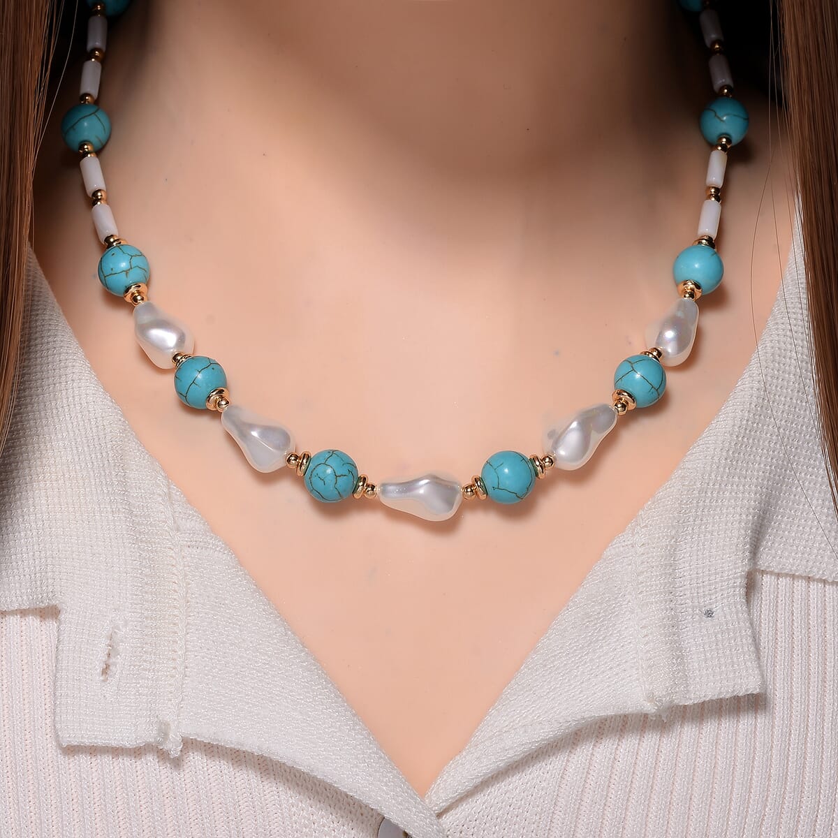 White Shell Pearl, Blue Howlite Beaded Necklace (18-20In) in Goldtone 65.00 ctw image number 1