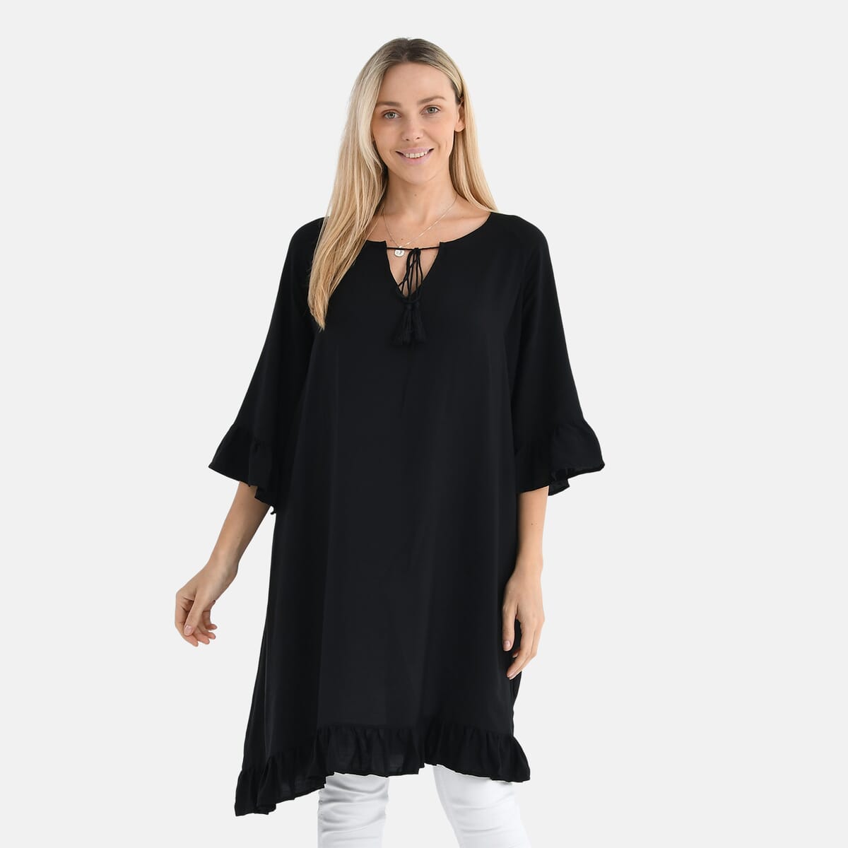 Black Viscose Blouse with Tassel Neck Tie Ruffle Trim - One Size Fits Most image number 0