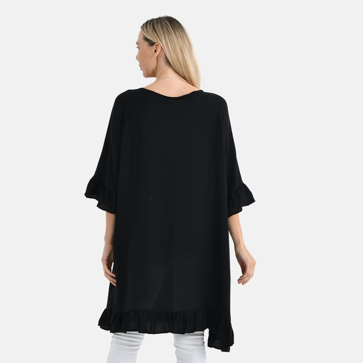 Black Viscose Blouse with Tassel Neck Tie Ruffle Trim - One Size Fits Most image number 1