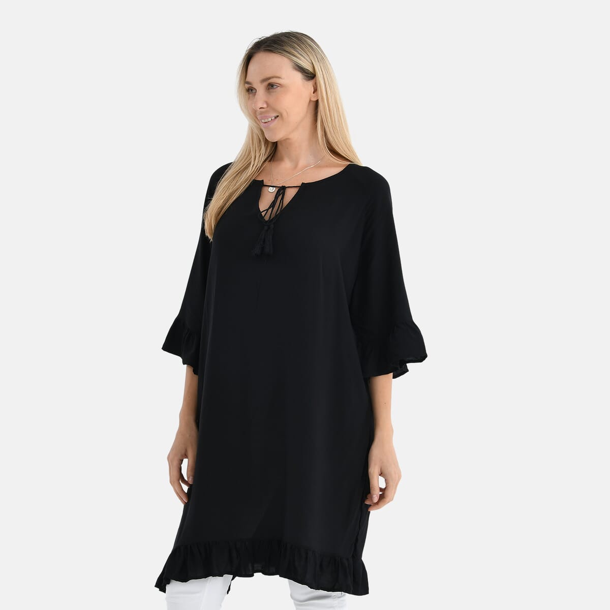 Black Viscose Blouse with Tassel Neck Tie Ruffle Trim - One Size Fits Most image number 2