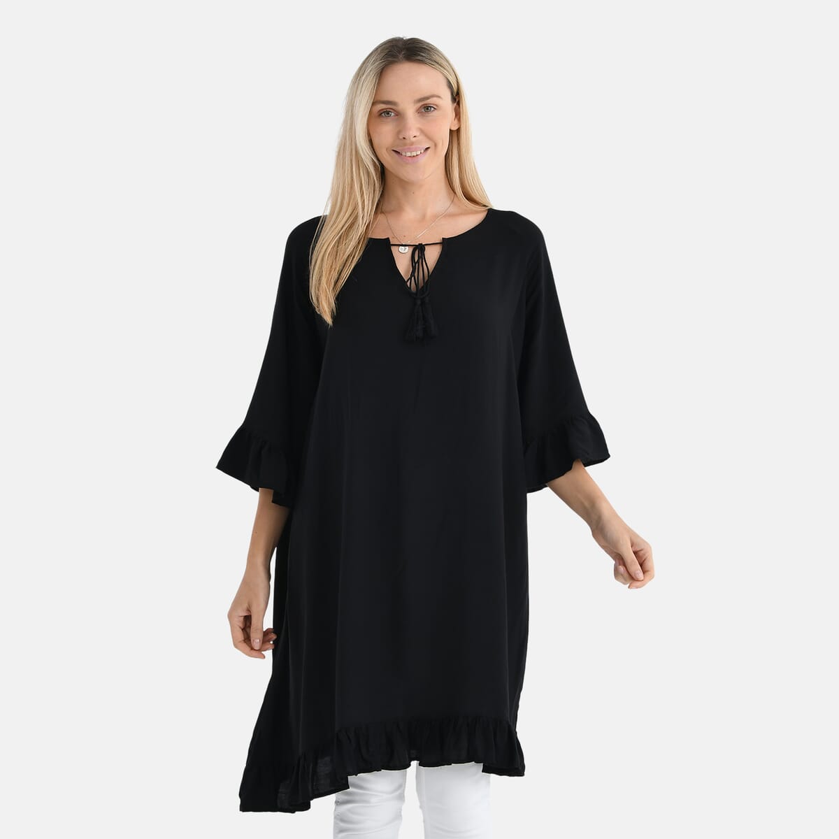 Black Viscose Blouse with Tassel Neck Tie Ruffle Trim - One Size Fits Most image number 3