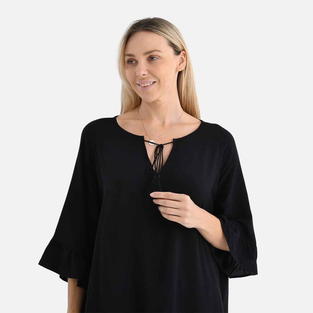 Black Viscose Blouse with Tassel Neck Tie Ruffle Trim - One Size Fits Most image number 4