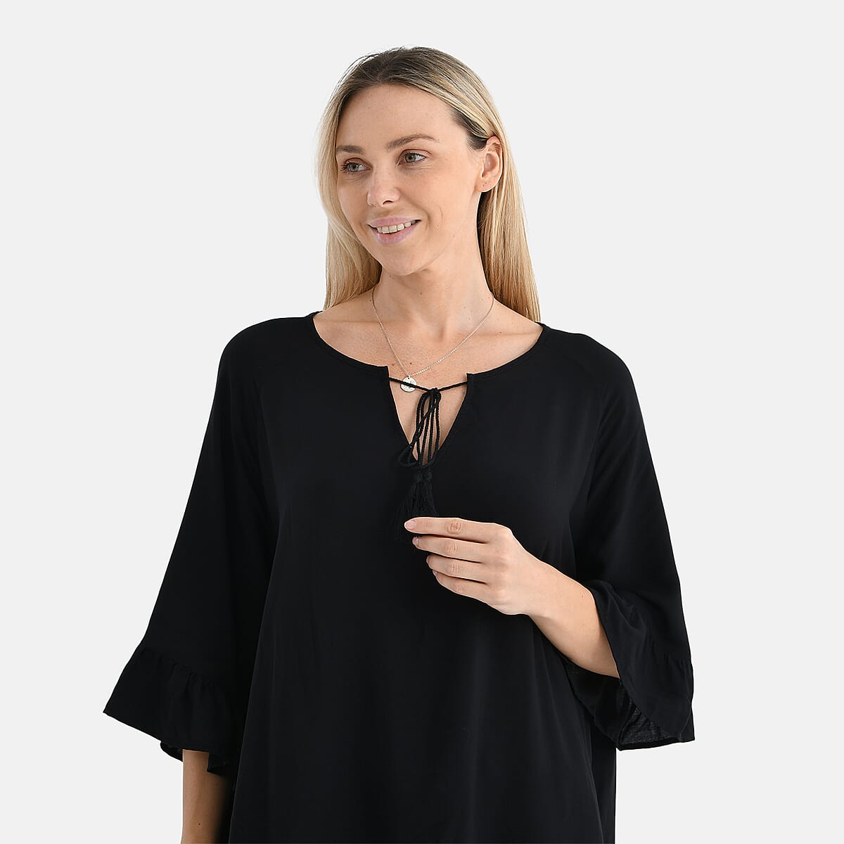 Tamsy Black Ruffle Hem Blouse with Tassel Neck Tie - One Size Fits Most image number 5