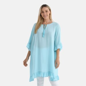Sku Blue Viscose Blouse with Tassel Neck Tie Ruffle Trim - One Size Fits Most