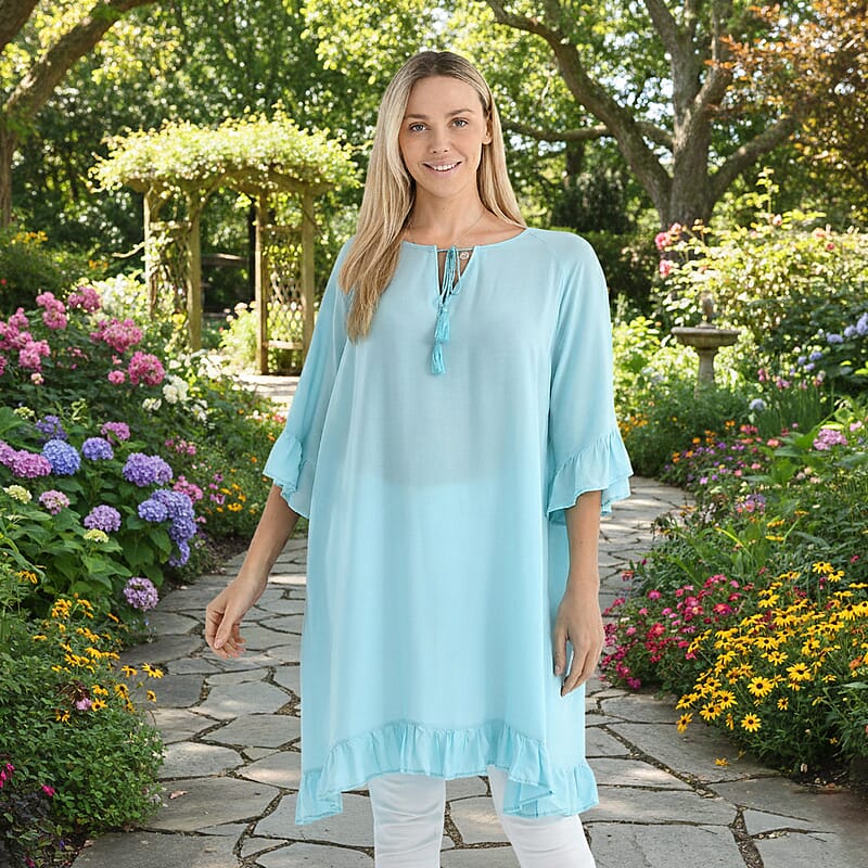 Tamsy Sky Blue Ruffle Hem Blouse with Tassel Neck Tie - One Size Fits Most