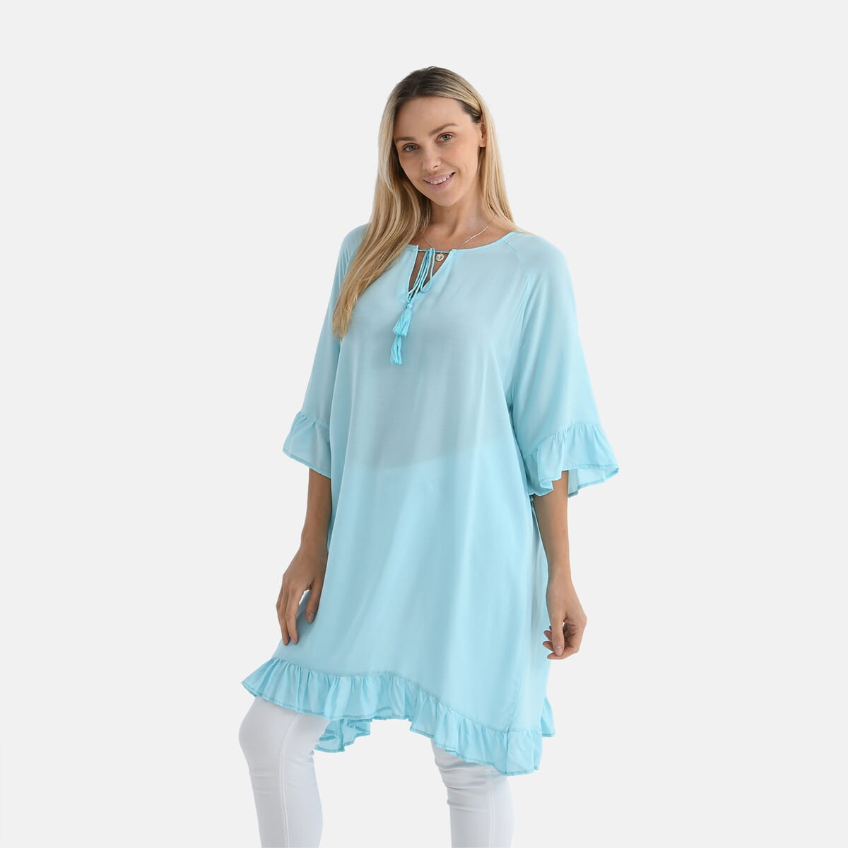 Sku Blue Viscose Blouse with Tassel Neck Tie Ruffle Trim - One Size Fits Most image number 2