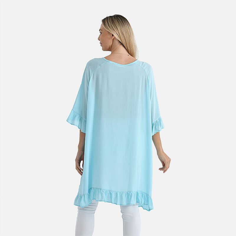 Tamsy Sky Blue Ruffle Hem Blouse with Tassel Neck Tie - One Size Fits Most