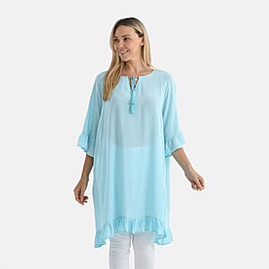 Tamsy Sky Blue Ruffle Hem Blouse with Tassel Neck Tie - One Size Fits Most