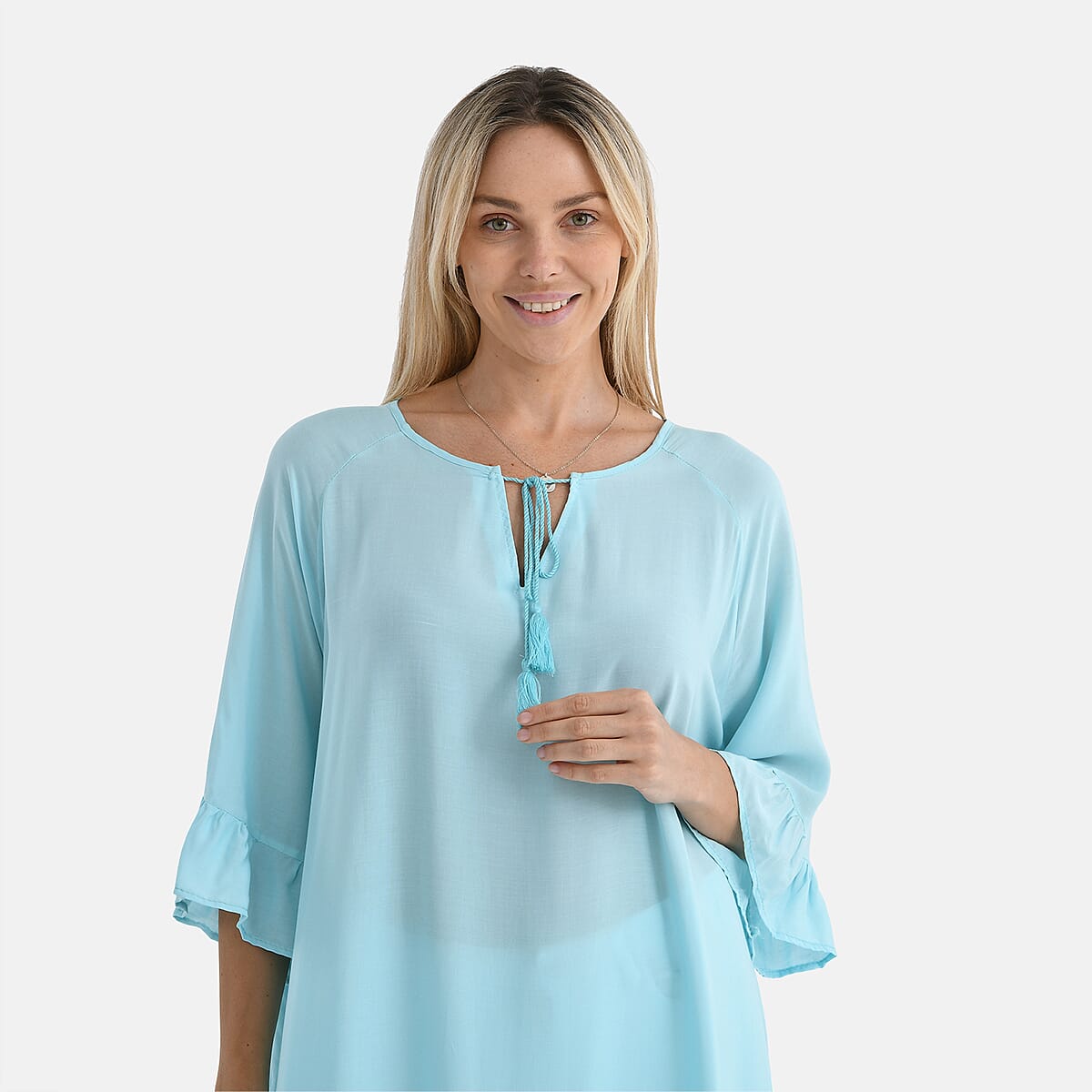 Tamsy Sky Blue Ruffle Hem Blouse with Tassel Neck Tie - One Size Fits Most image number 5