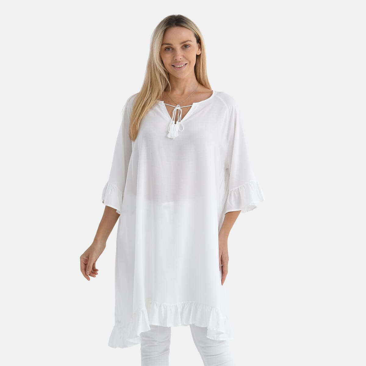 White Viscose Blouse with Tassel Neck Tie Ruffle Trim - One Size Fits Most image number 0