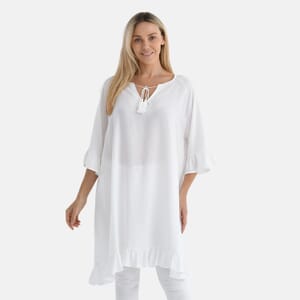 White Viscose Blouse with Tassel Neck Tie Ruffle Trim - One Size Fits Most