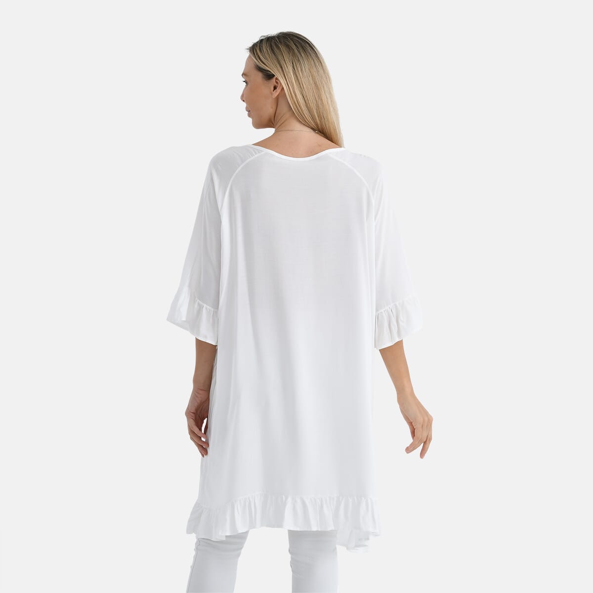 White Viscose Blouse with Tassel Neck Tie Ruffle Trim - One Size Fits Most image number 1