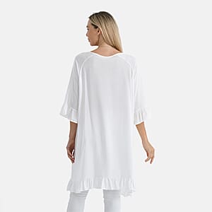 Tamsy White Ruffle Hem Blouse with Tassel Neck Tie - One Size Fits Most