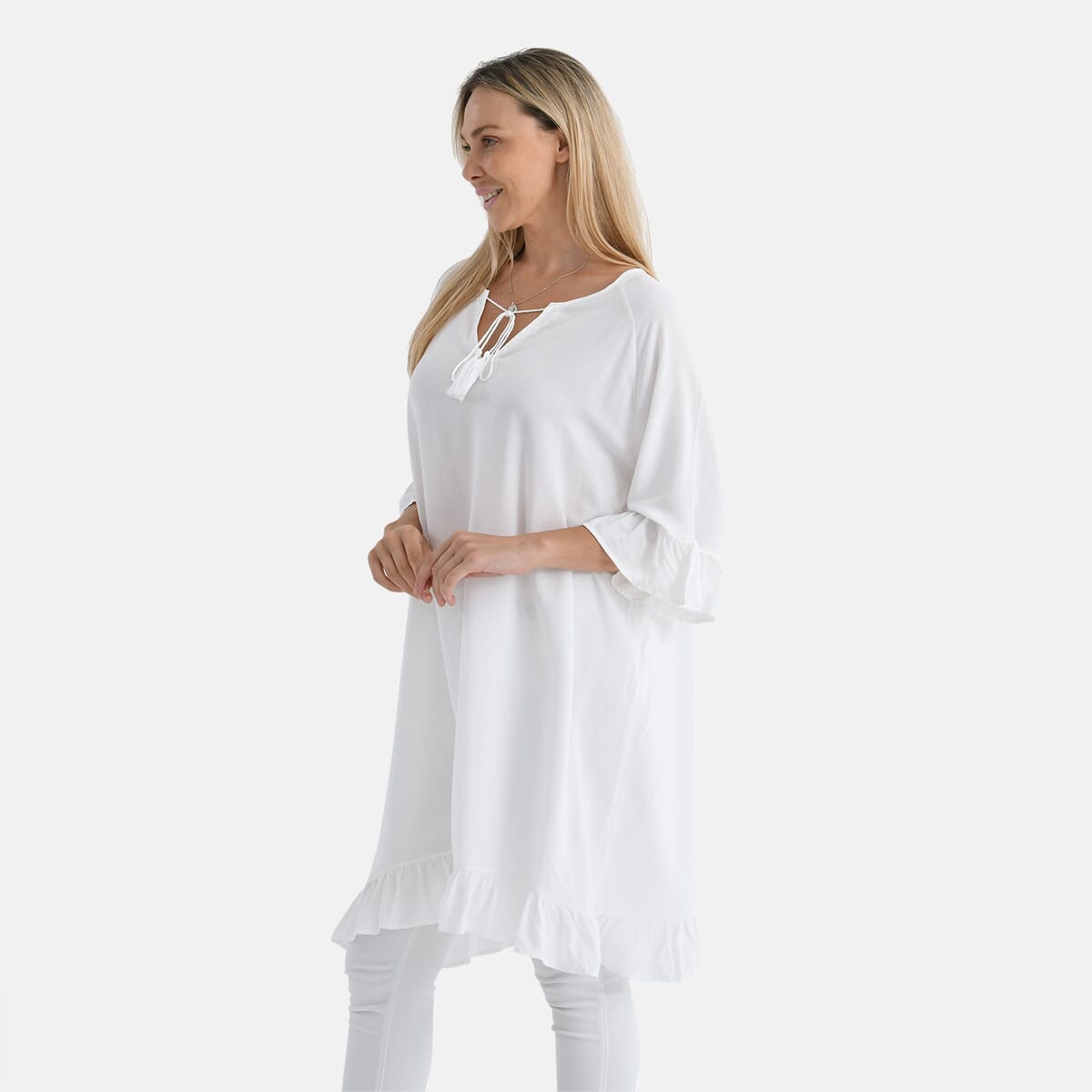 White Viscose Blouse with Tassel Neck Tie Ruffle Trim - One Size Fits Most image number 2