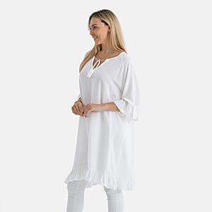 Tamsy White Ruffle Hem Blouse with Tassel Neck Tie - One Size Fits Most