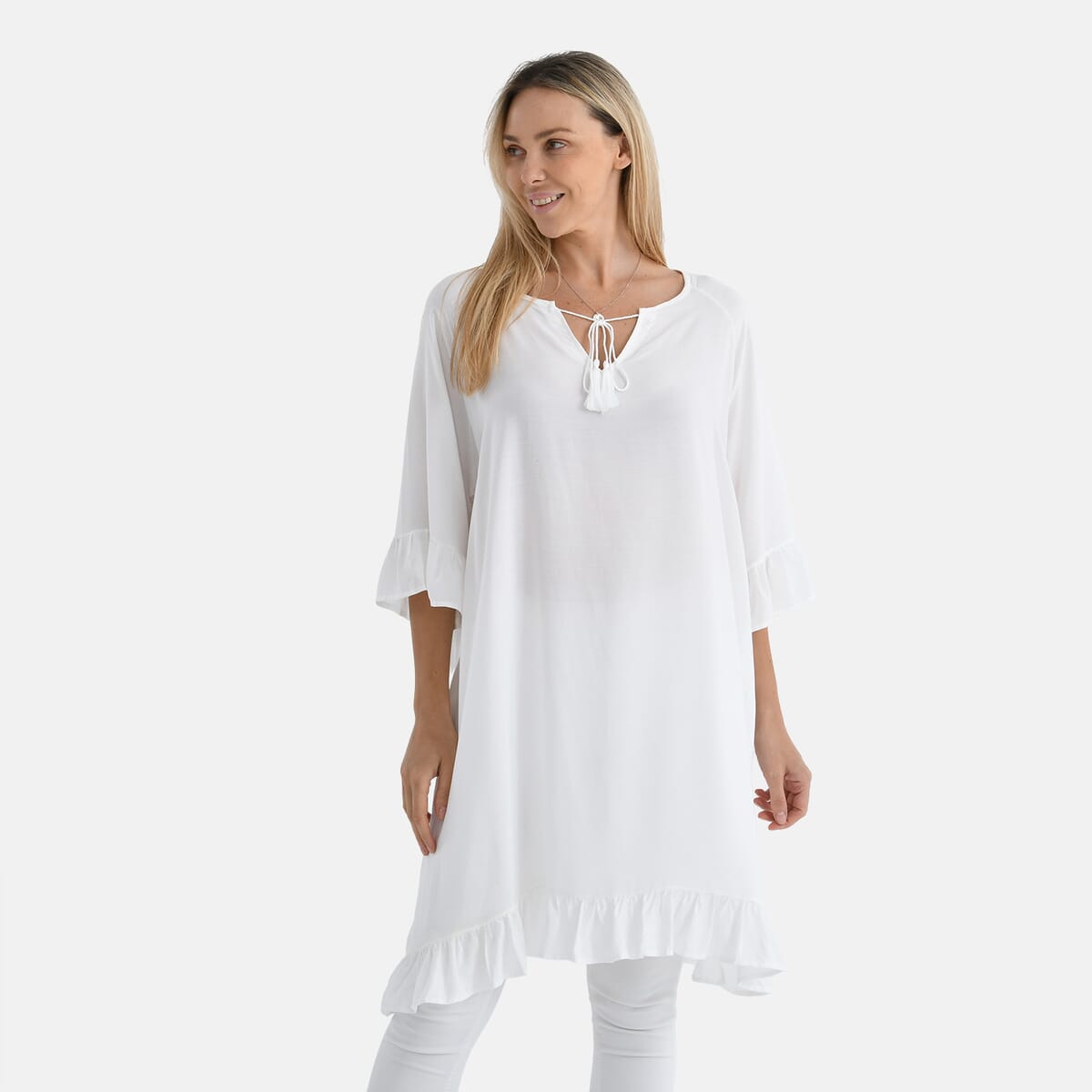 White Viscose Blouse with Tassel Neck Tie Ruffle Trim - One Size Fits Most image number 3