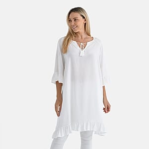 Tamsy White Ruffle Hem Blouse with Tassel Neck Tie - One Size Fits Most