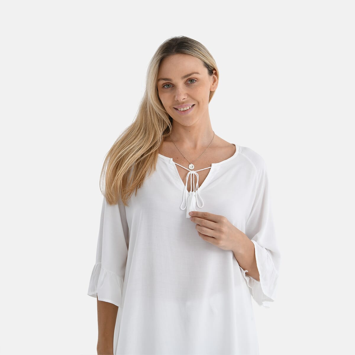White Viscose Blouse with Tassel Neck Tie Ruffle Trim - One Size Fits Most image number 4