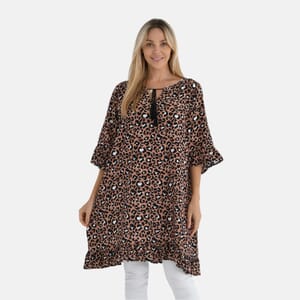 Yellow Tan Leopard Viscose Blouse with Tassel Neck Tie Ruffle Trim - One Size Fits Most