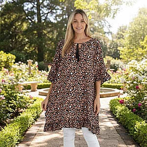 Tamsy Tan Leopard Ruffle Hem Blouse with Tassel Neck Tie - One Size Fits Most