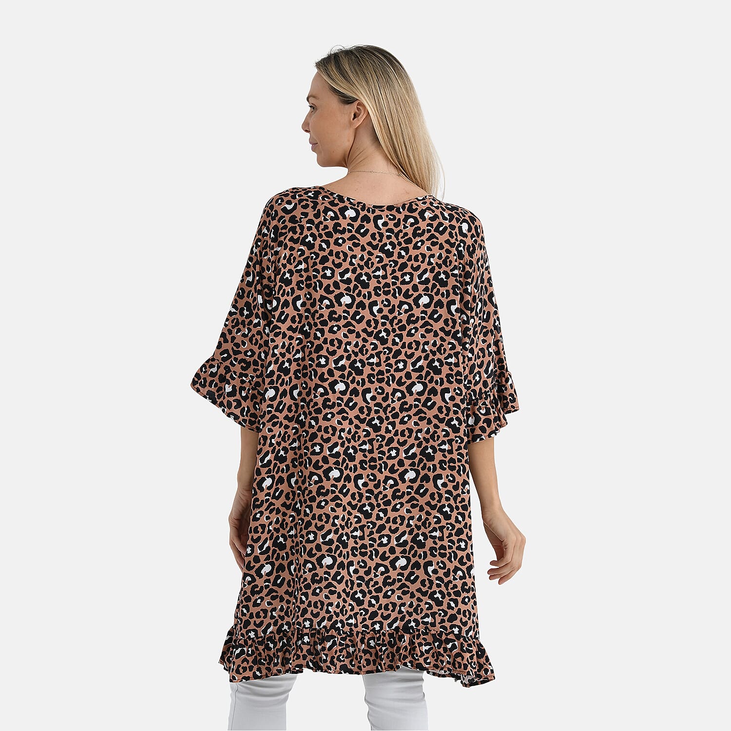 Tamsy Tan Leopard Ruffle Hem Blouse with Tassel Neck Tie - One Size Fits Most