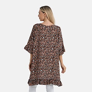 Tamsy Tan Leopard Ruffle Hem Blouse with Tassel Neck Tie - One Size Fits Most