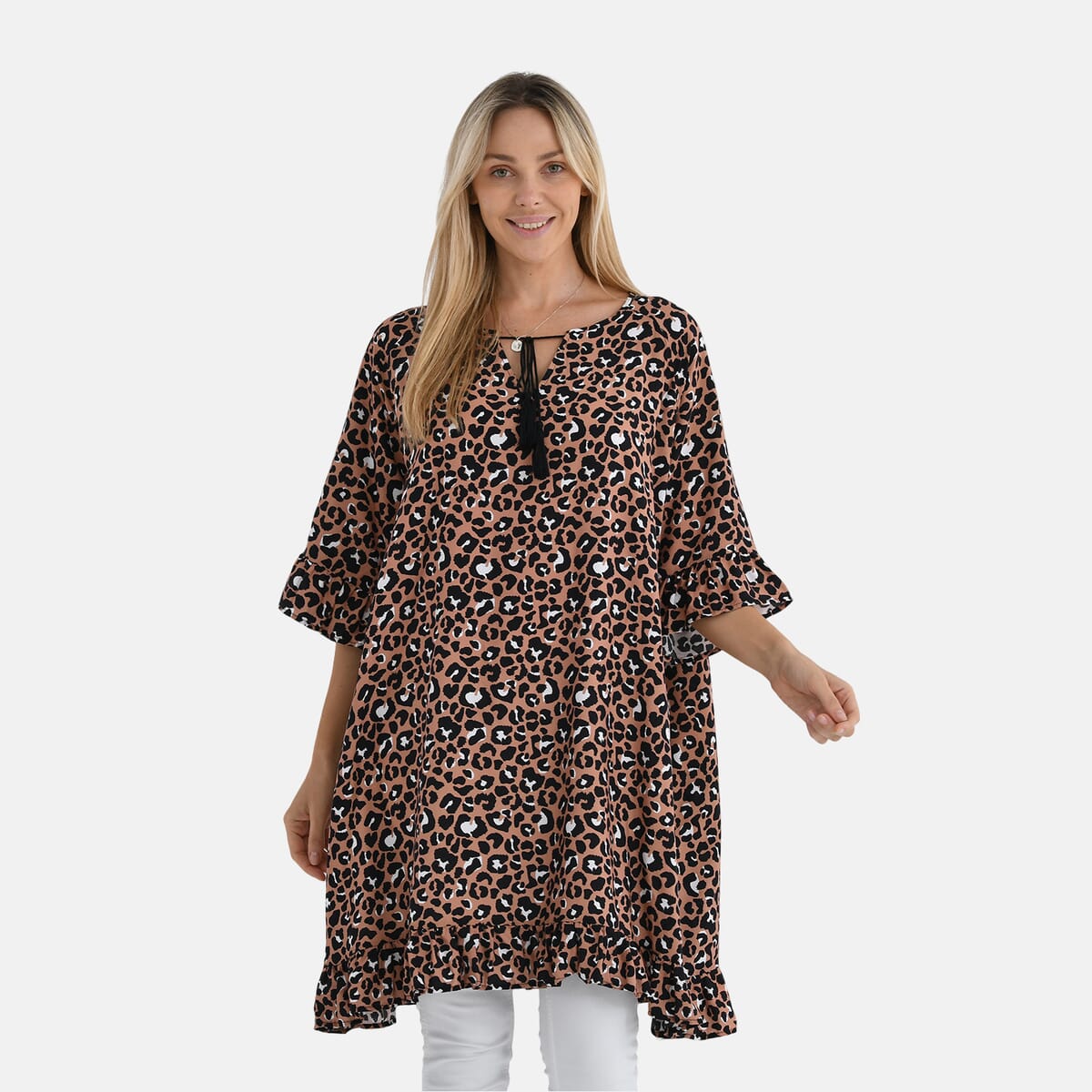 Yellow Tan Leopard Viscose Blouse with Tassel Neck Tie Ruffle Trim - One Size Fits Most image number 3