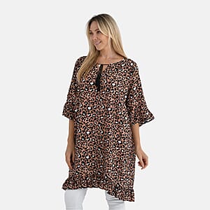 Tamsy Tan Leopard Ruffle Hem Blouse with Tassel Neck Tie - One Size Fits Most