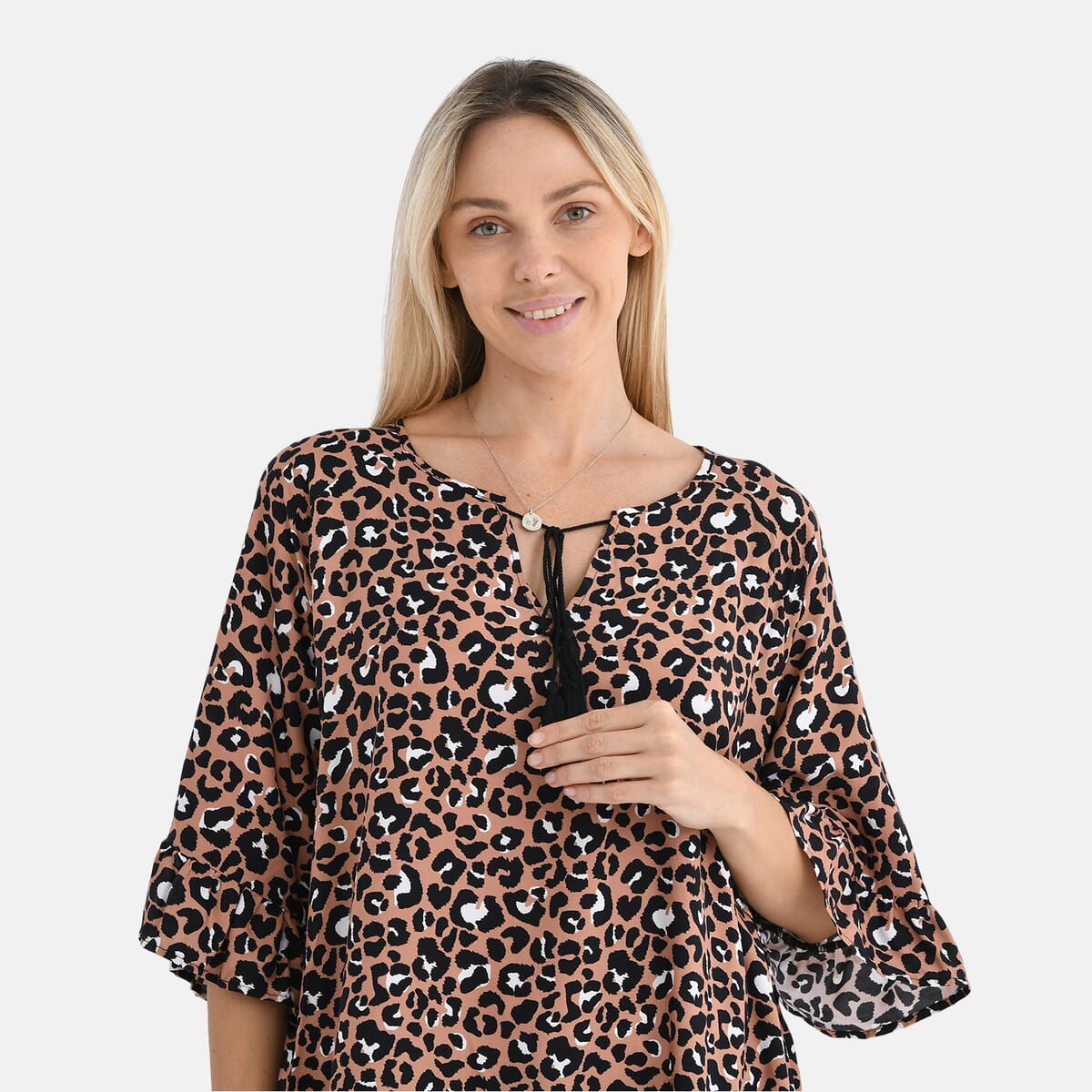 Yellow Tan Leopard Viscose Blouse with Tassel Neck Tie Ruffle Trim - One Size Fits Most image number 4