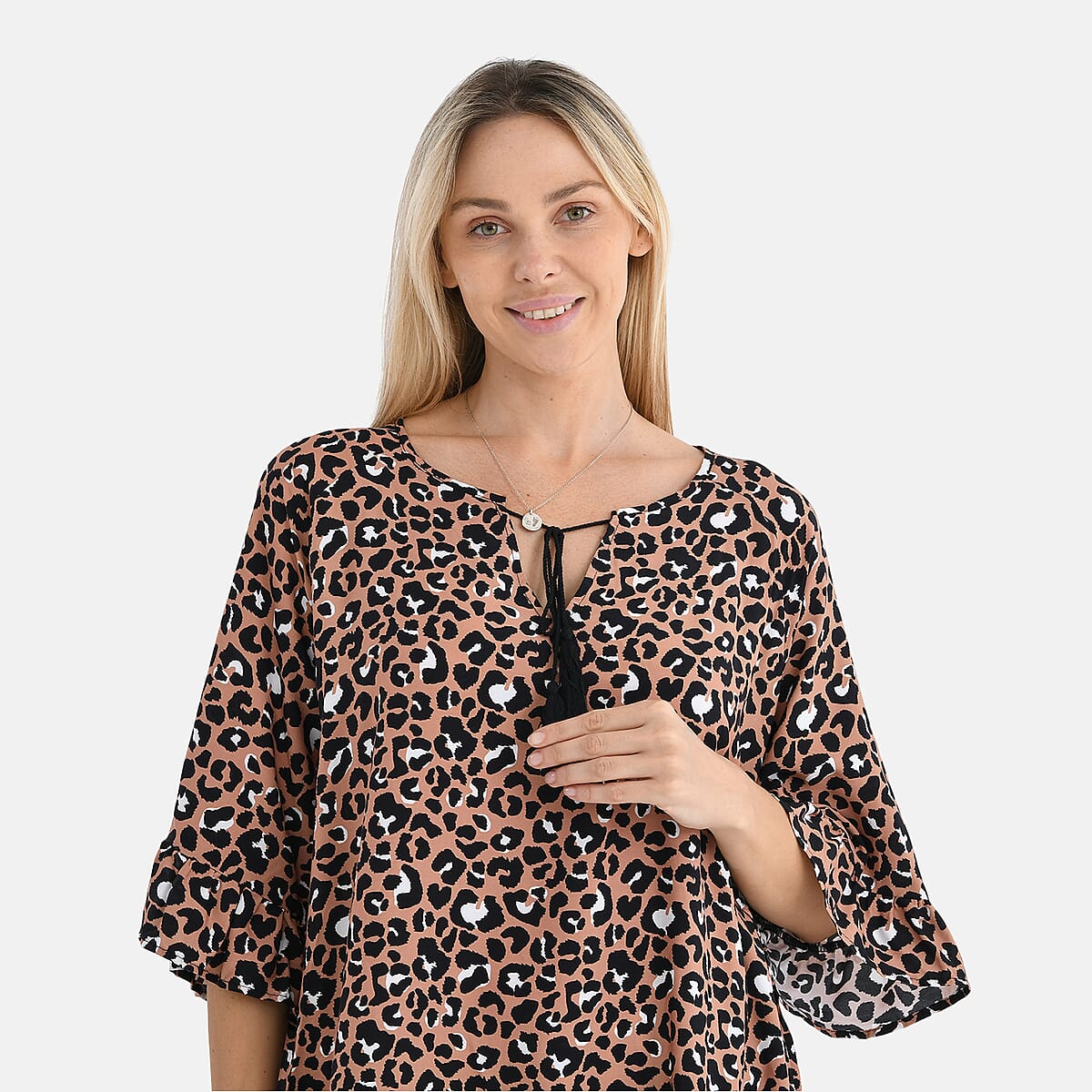 Tamsy Tan Leopard Ruffle Hem Blouse with Tassel Neck Tie - One Size Fits Most image number 5