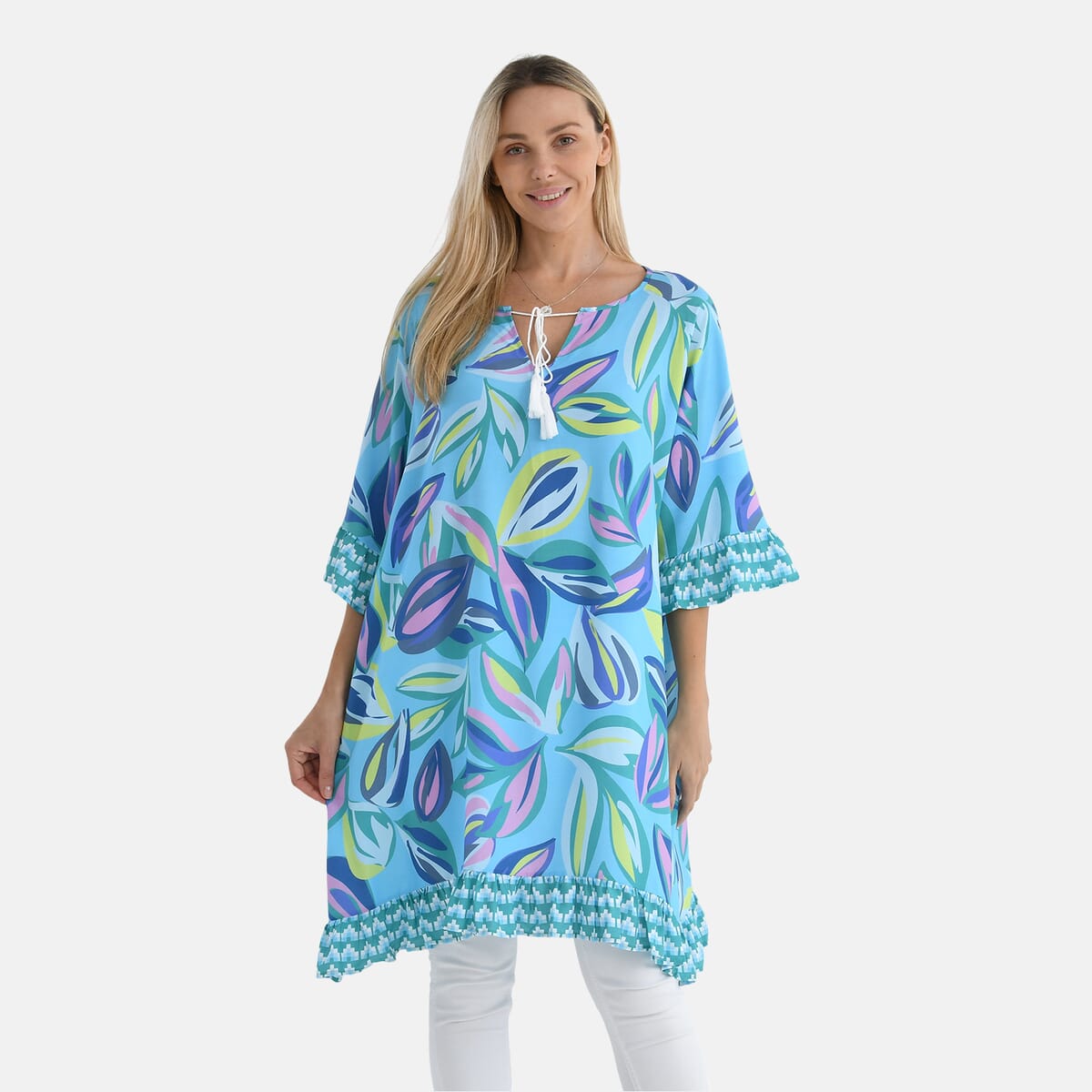 Blue Leaf Viscose Blouse with Tassel Neck Tie Ruffle Trim - One Size Fits Most image number 0