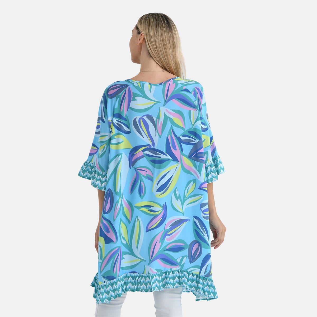 Blue Leaf Viscose Blouse with Tassel Neck Tie Ruffle Trim - One Size Fits Most image number 1