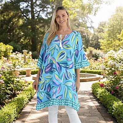 Tamsy Blue Leaf Ruffle Hem Blouse with Tassel Neck Tie - One Size Fits Most