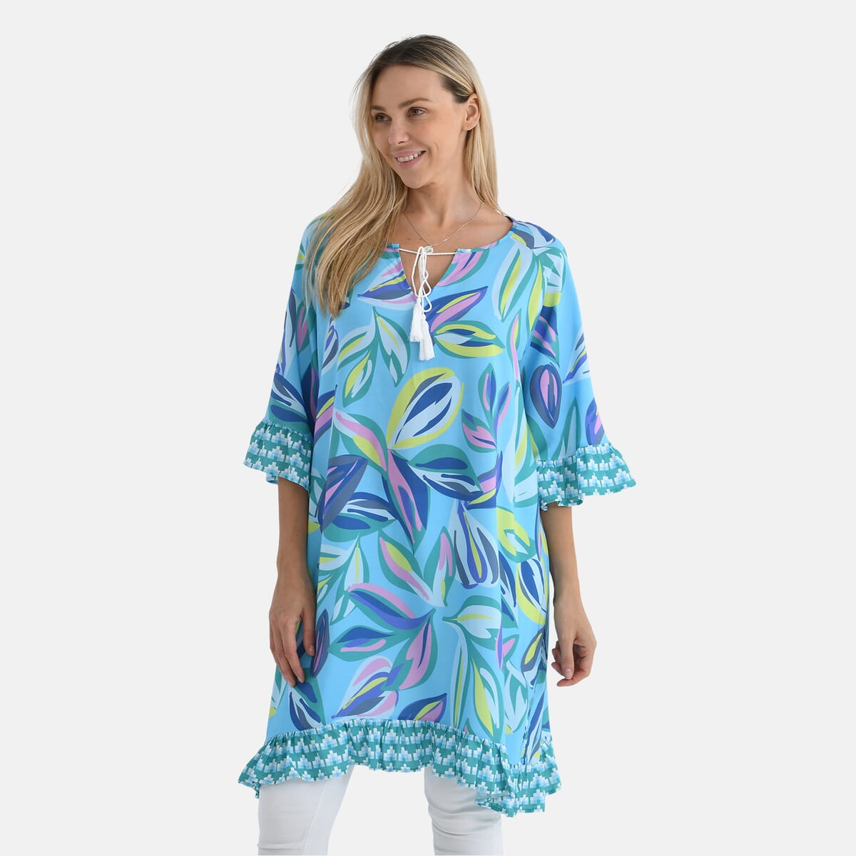 Blue Leaf Viscose Blouse with Tassel Neck Tie Ruffle Trim - One Size Fits Most image number 2