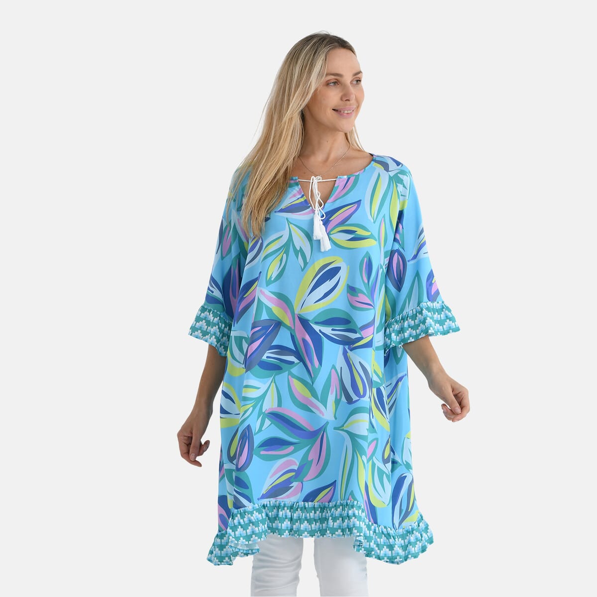 Blue Leaf Viscose Blouse with Tassel Neck Tie Ruffle Trim - One Size Fits Most image number 3