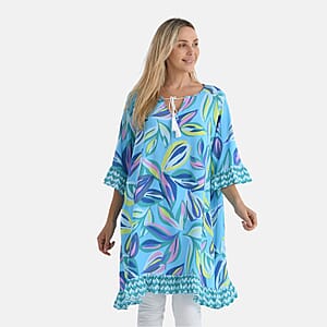 Tamsy Blue Leaf Ruffle Hem Blouse with Tassel Neck Tie - One Size Fits Most