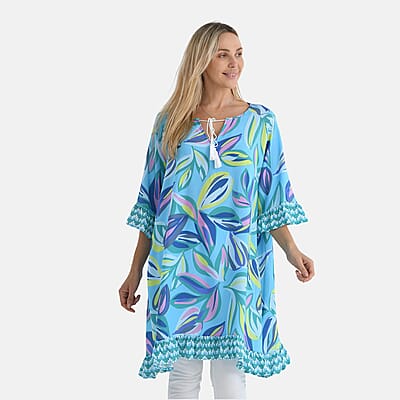 Tamsy Blue Leaf Ruffle Hem Blouse with Tassel Neck Tie - One Size Fits Most
