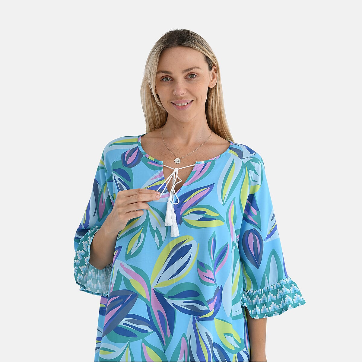 Tamsy Blue Leaf Ruffle Hem Blouse with Tassel Neck Tie - One Size Fits Most image number 5