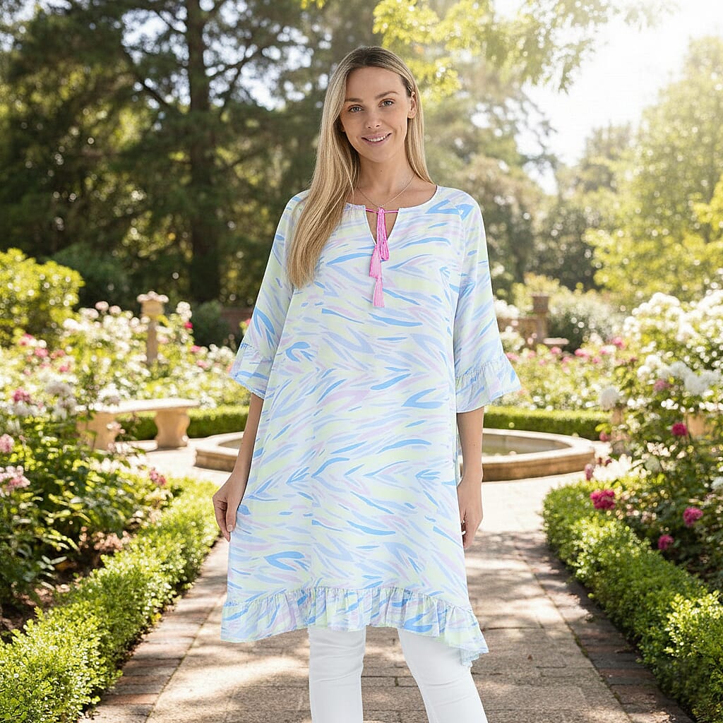 Tamsy Pastel Abstract Ruffle Hem Blouse with Tassel Neck Tie - One Size Fits Most