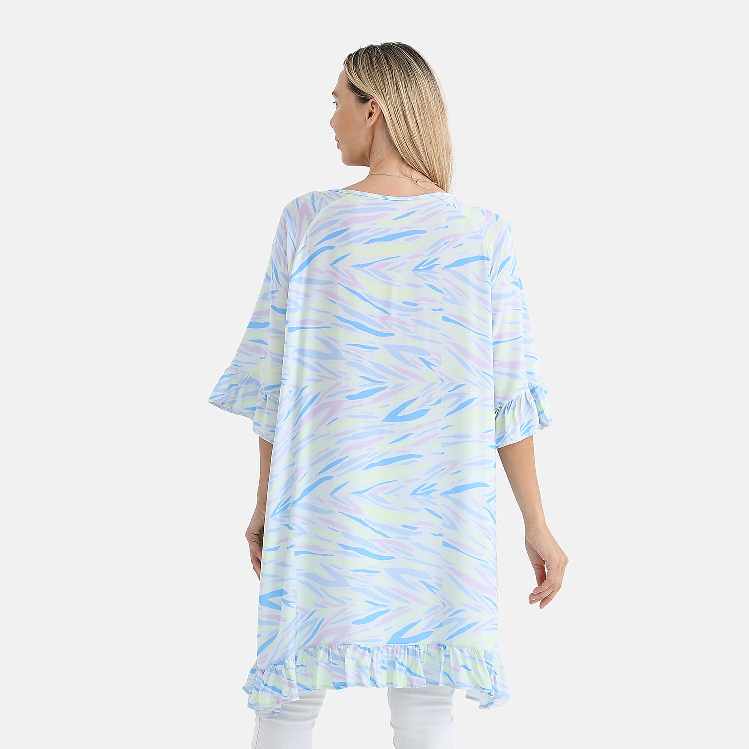 Tamsy Pastel Abstract Ruffle Hem Blouse with Tassel Neck Tie - One Size Fits Most