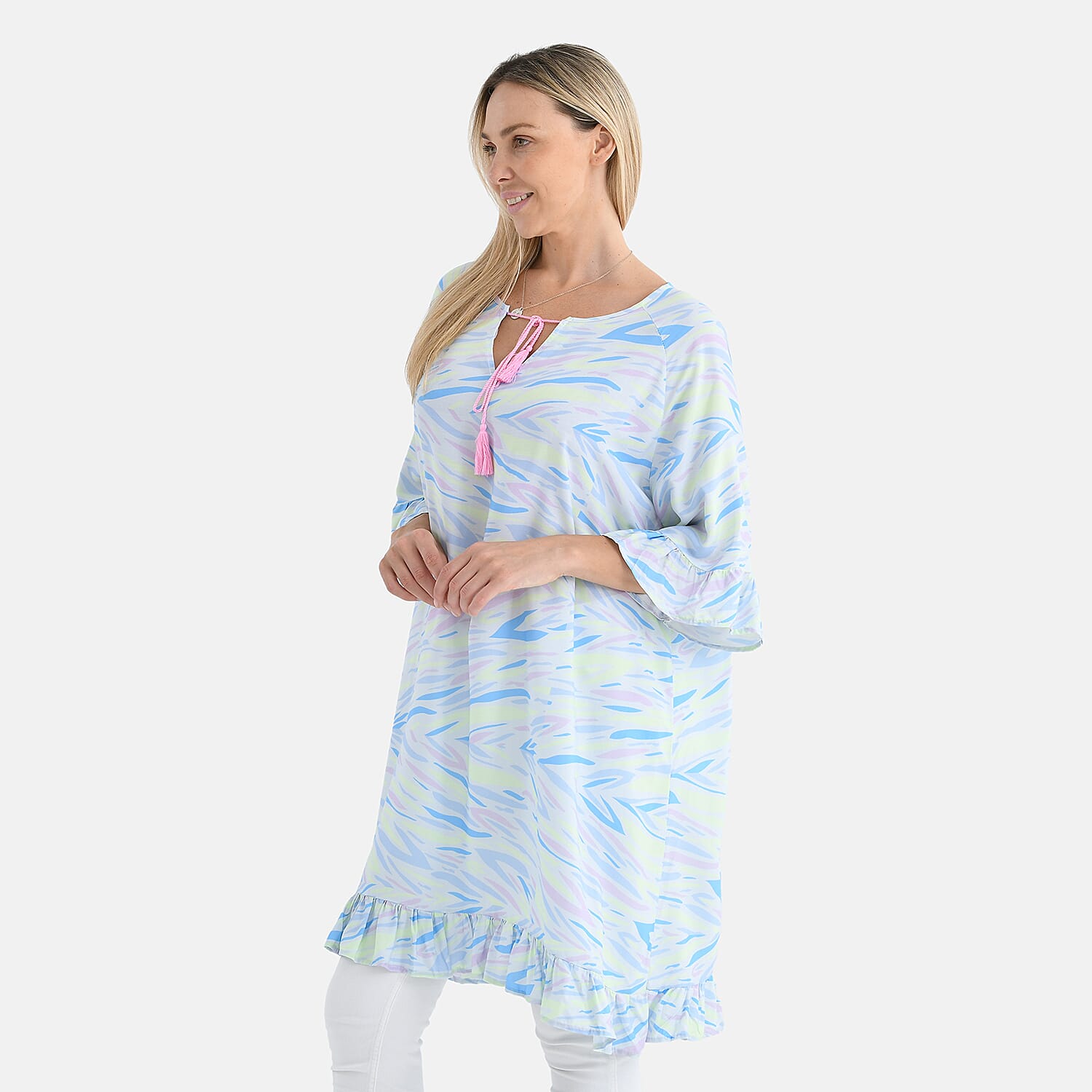 Tamsy Pastel Abstract Ruffle Hem Blouse with Tassel Neck Tie - One Size Fits Most
