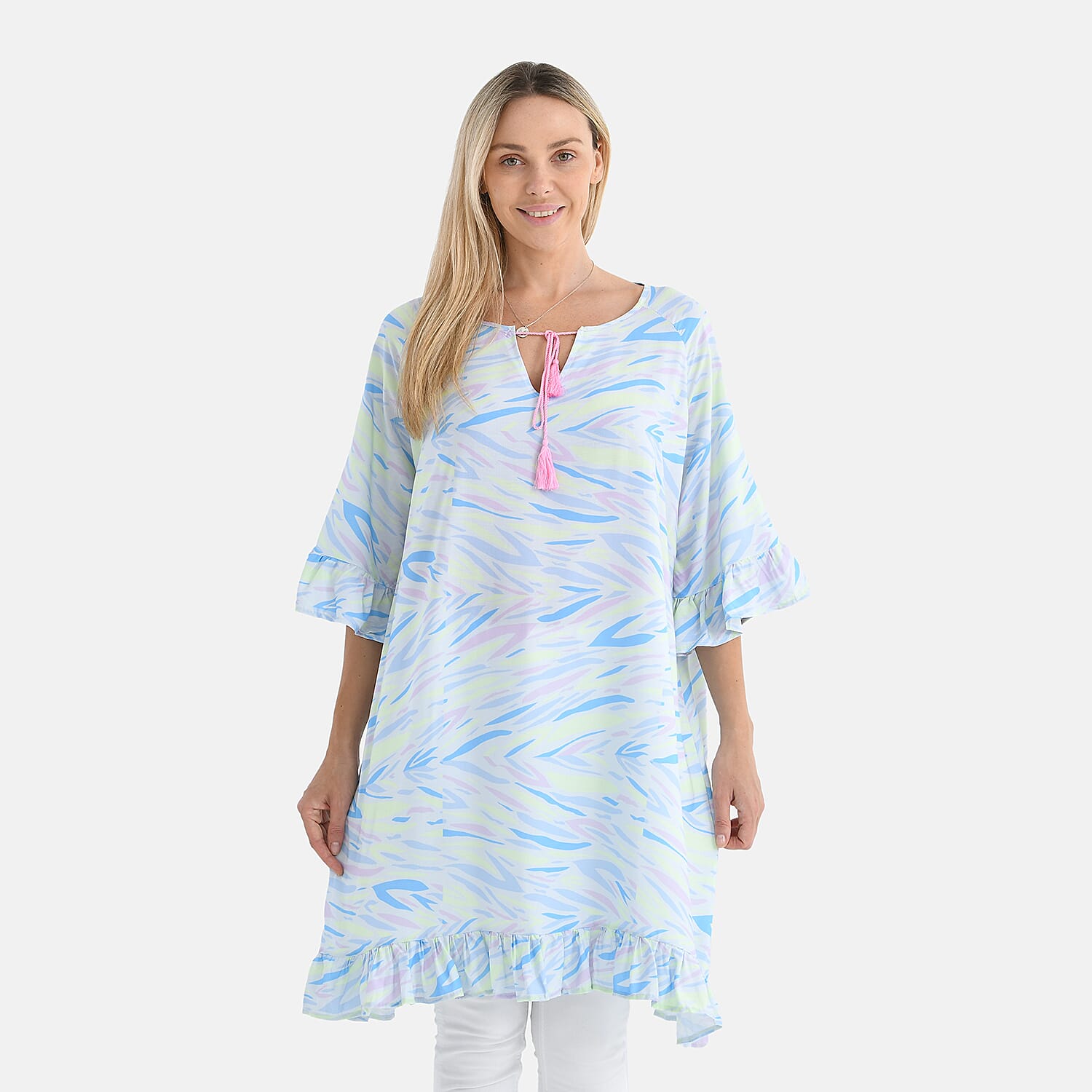 Tamsy Pastel Abstract Ruffle Hem Blouse with Tassel Neck Tie - One Size Fits Most