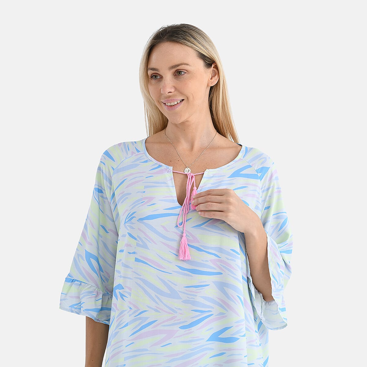 Tamsy Pastel Abstract Ruffle Hem Blouse with Tassel Neck Tie - One Size Fits Most image number 5