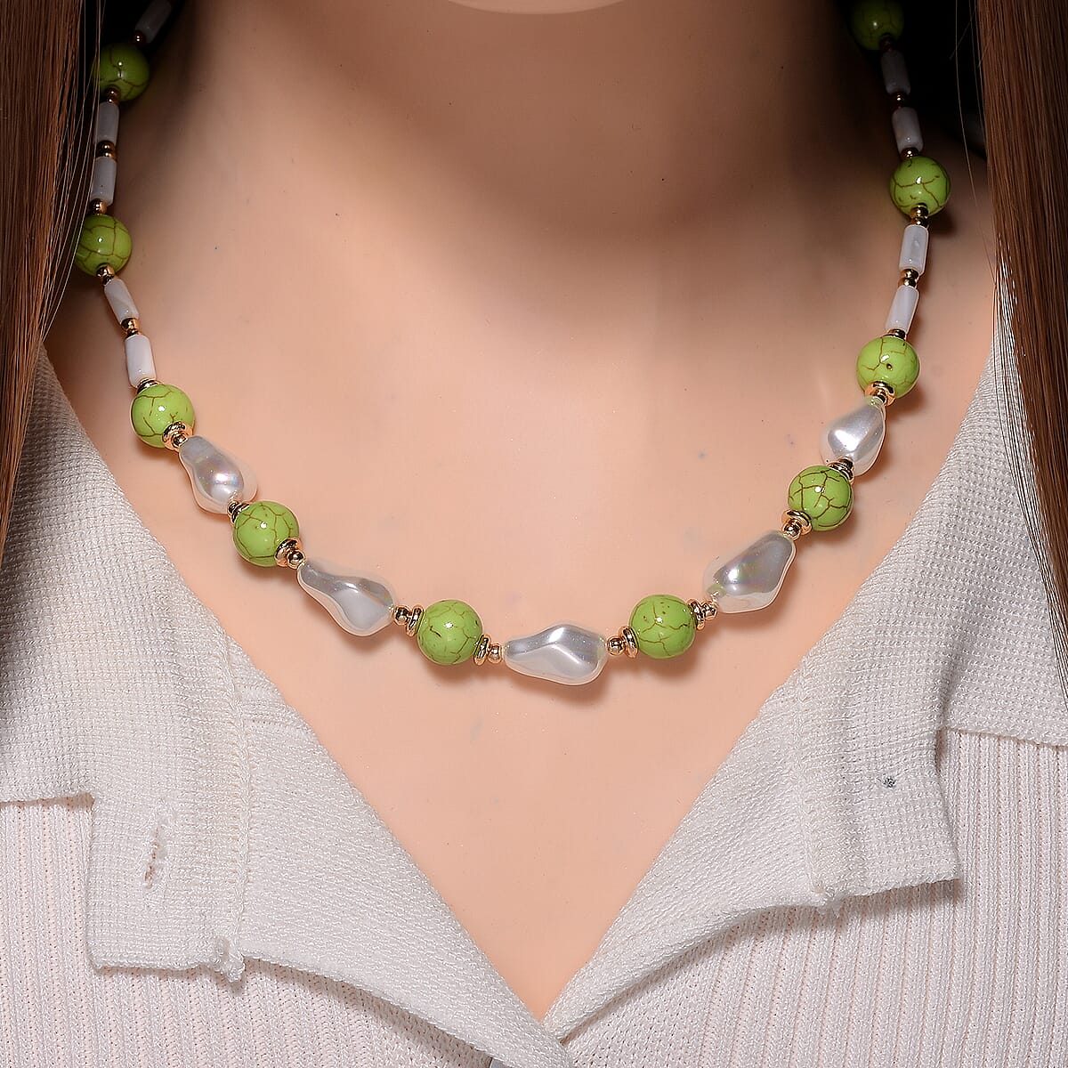 White Shell Pearl, Constituted Green Howlite Beaded Necklace (18-20In) in Goldtone 65.00 ctw image number 1