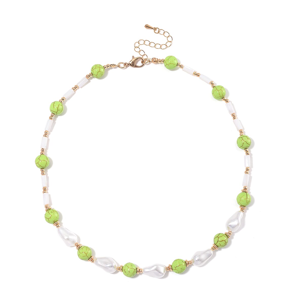 White Shell Pearl, Constituted Green Howlite Beaded Necklace (18-20In) in Goldtone 65.00 ctw image number 2